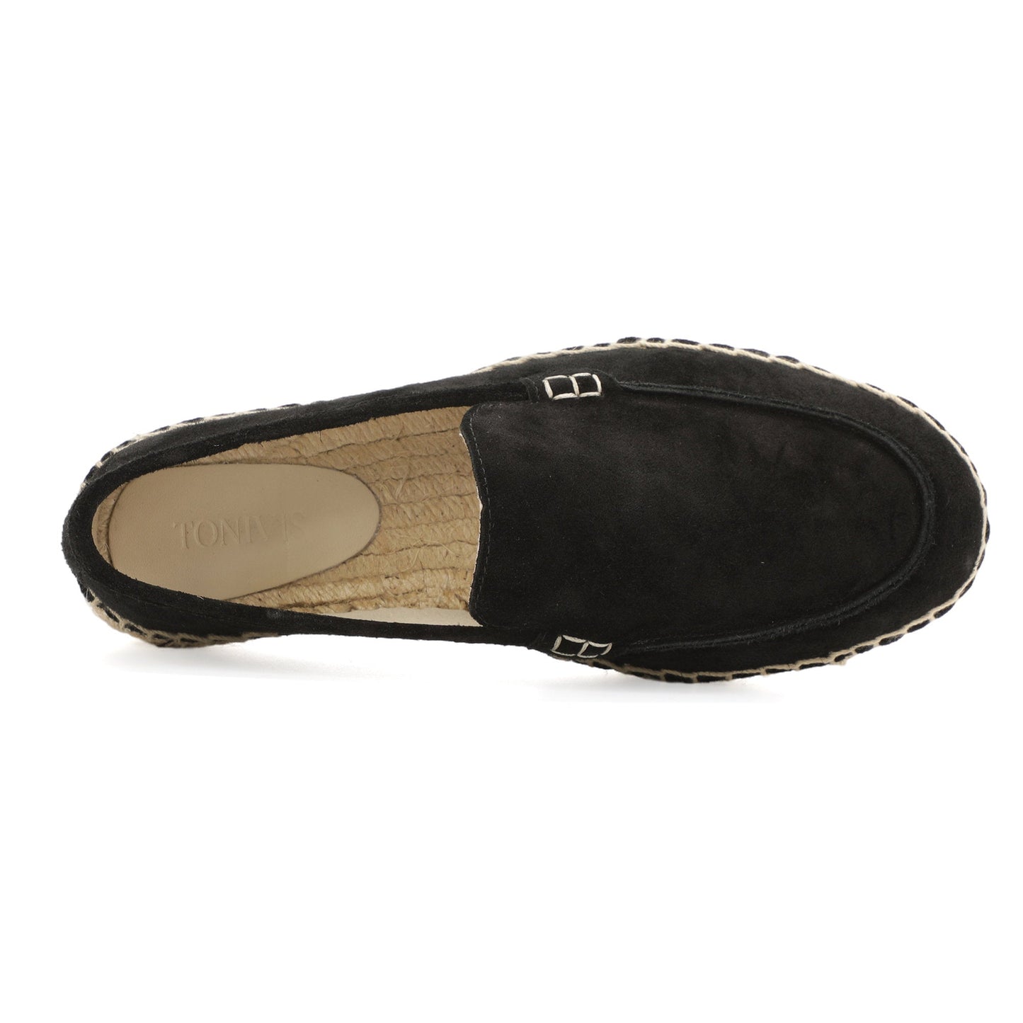 TONIVIS men's black minimalist suede espadrille loafers angle view