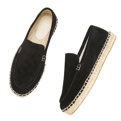 TONIVIS men's black minimalist suede espadrille loafers jute sole detail