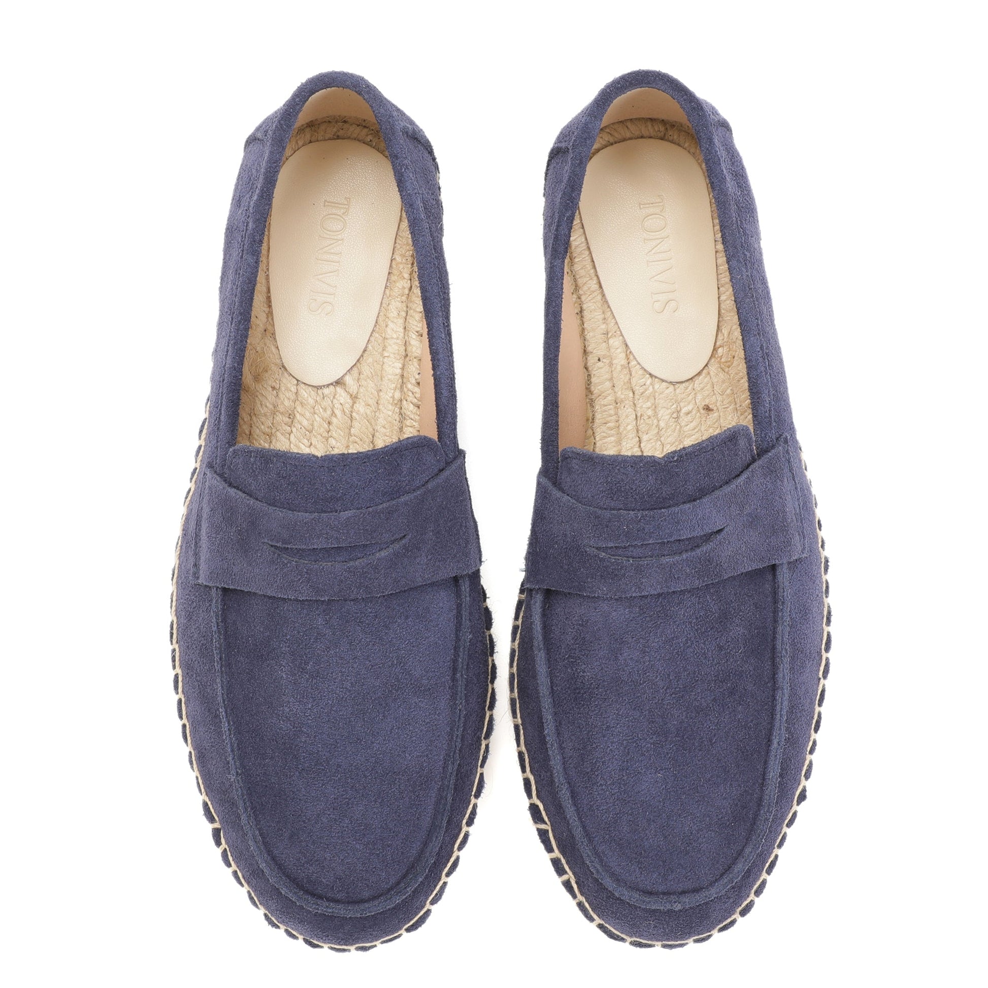 Royal blue cow suede loafers jute footbed detail