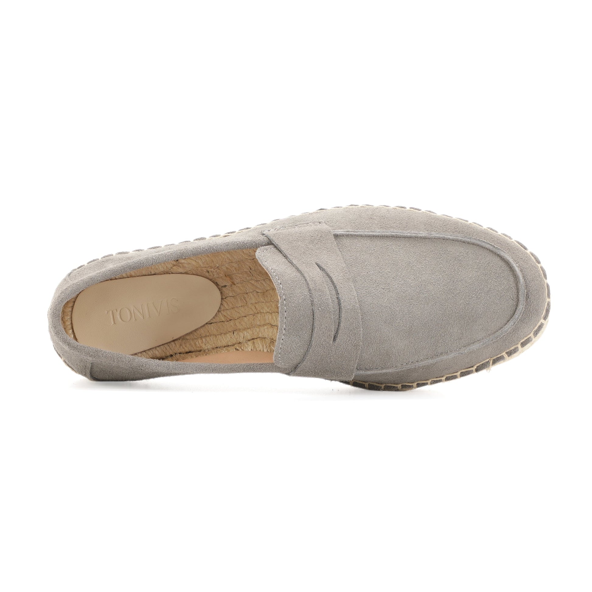 Mist gray cow suede loafers top view