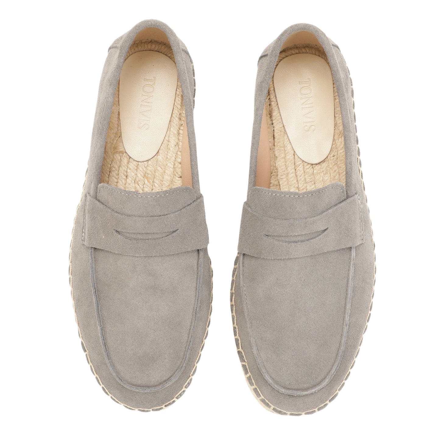 Mist gray cow suede loafers jute footbed detail