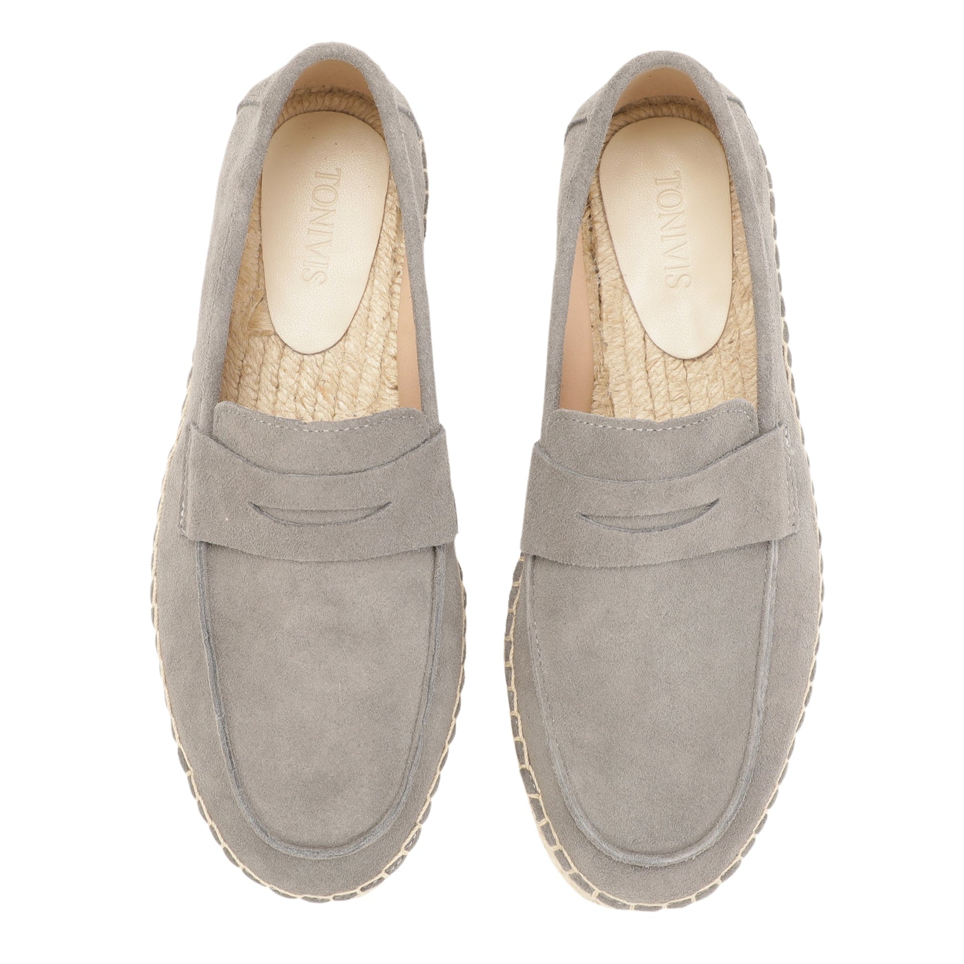 Mist gray cow suede loafers jute footbed detail
