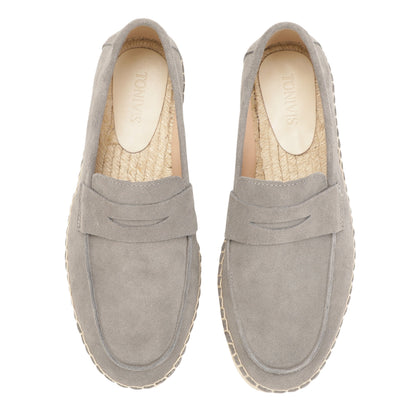 Mist gray cow suede loafers jute footbed detail