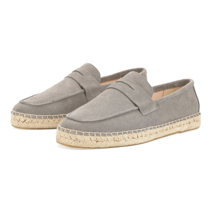 Mist gray cow suede loafers pair view