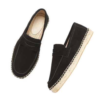 Black cow suede loafers jute footbed detail