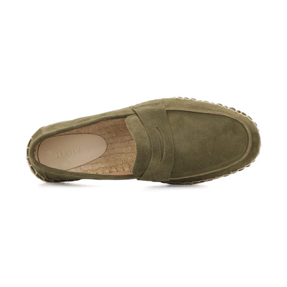 M2026029 men's dark green cow suede loafer top view with natural jute footbed