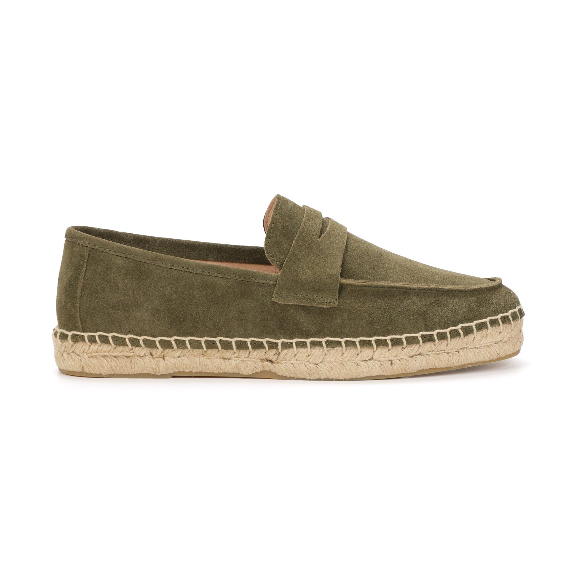 M2026029 men's dark green suede loafer front angle