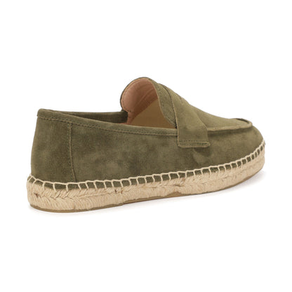 M2026029 dark green suede loafer natural jute footbed detail