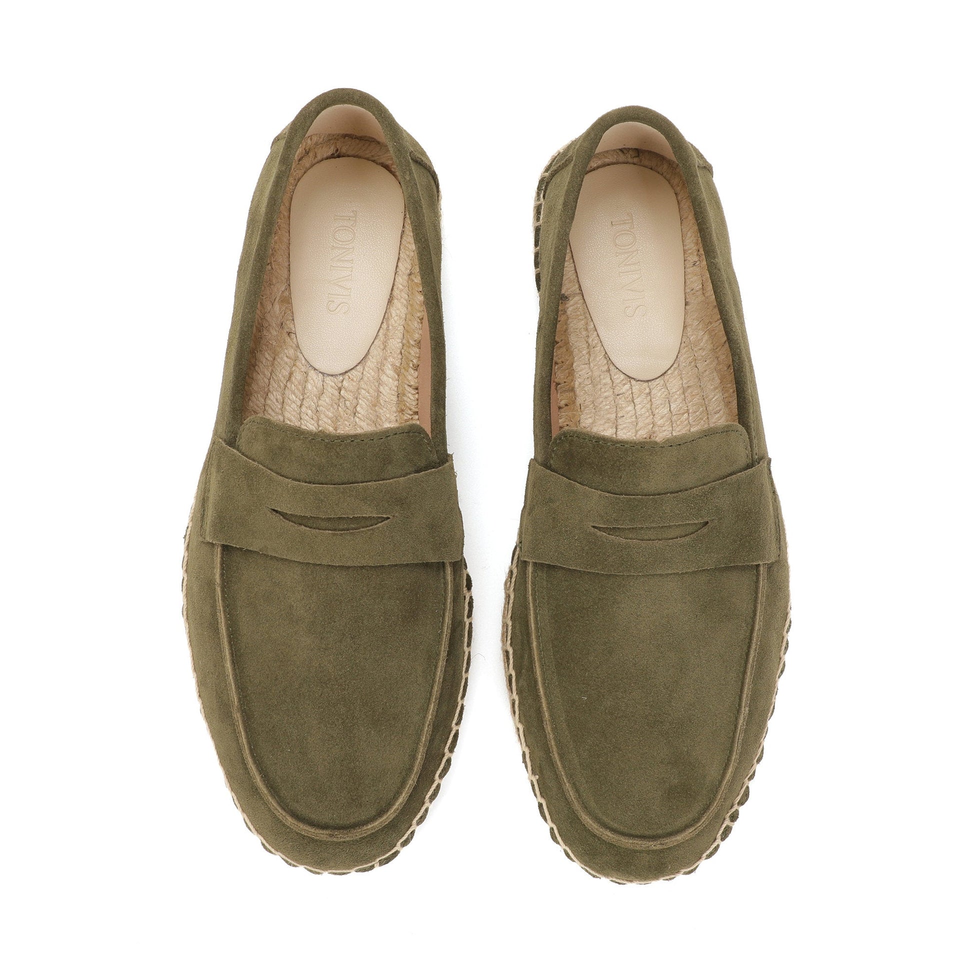 M2026029 men's dark green cow suede loafers pair view
