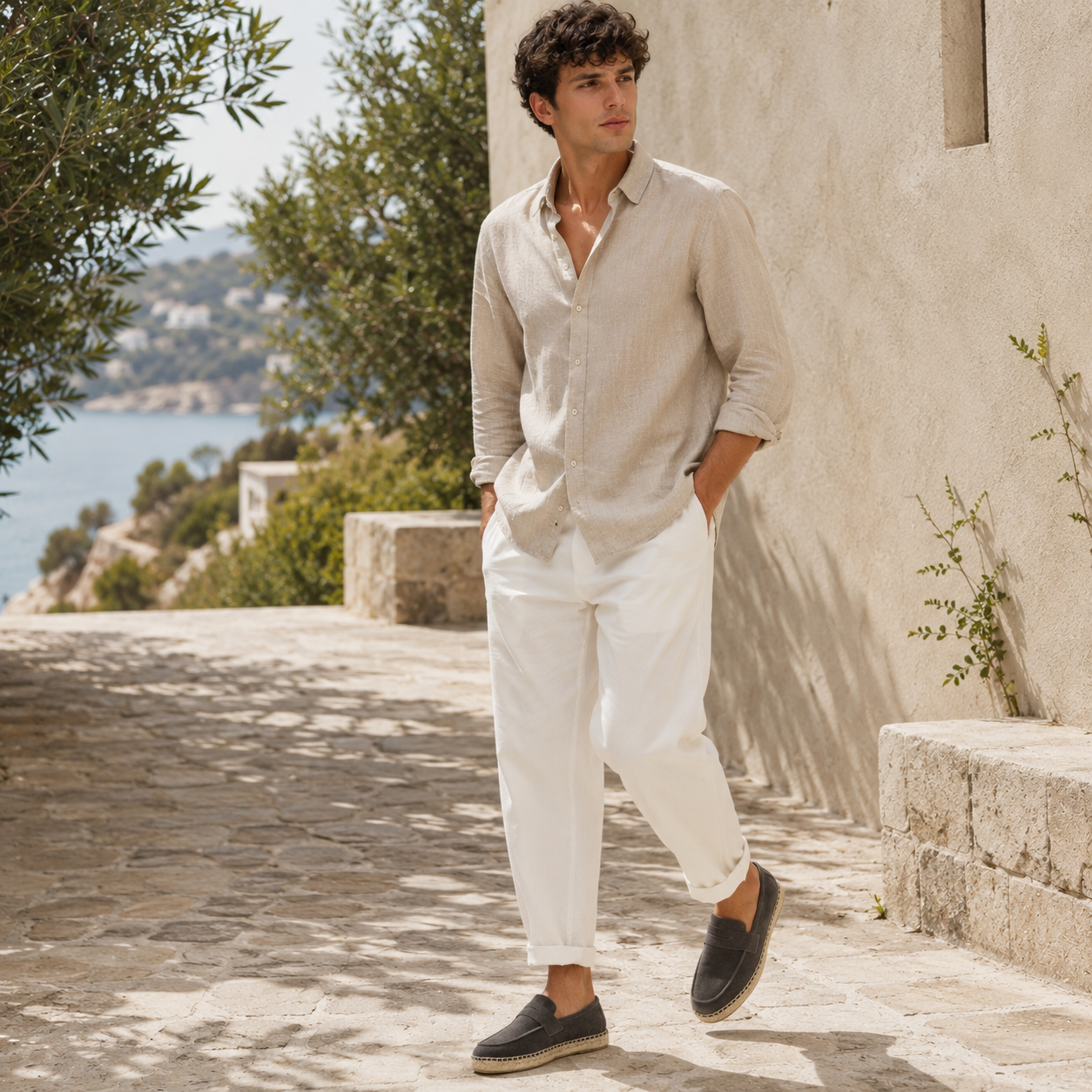Model wearing men's suede loafers in Charcoal Gray
