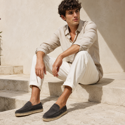 Men's Charcoal Gray suede loafers styled with summer outfit