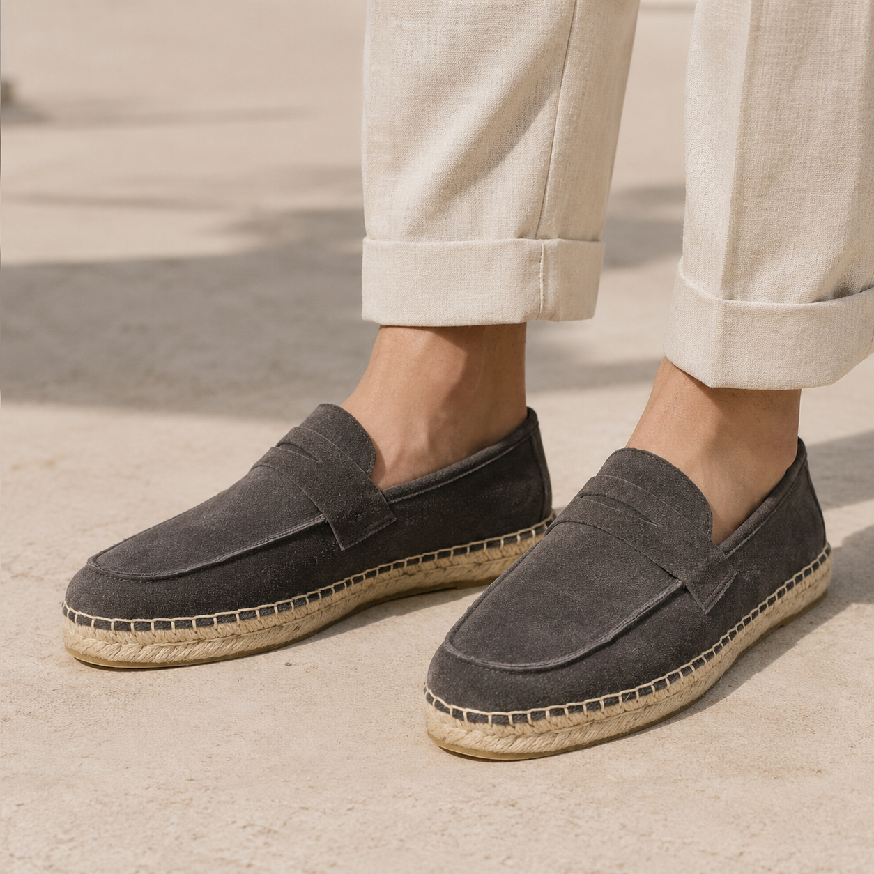 Lifestyle image of men's Charcoal Gray suede loafers