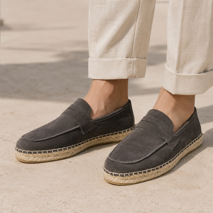 Lifestyle image of men's Charcoal Gray suede loafers