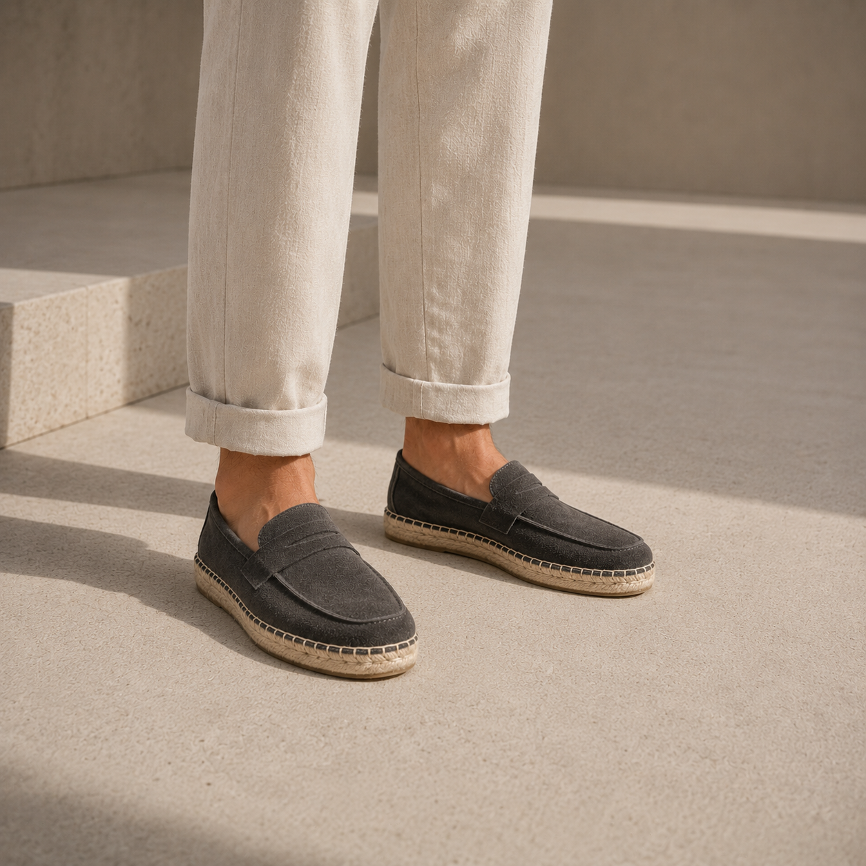 Close lifestyle view of men's Charcoal Gray suede loafers
