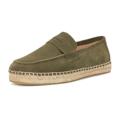 Men's suede loafer with cow leather insole in Dark Olive Green, front view