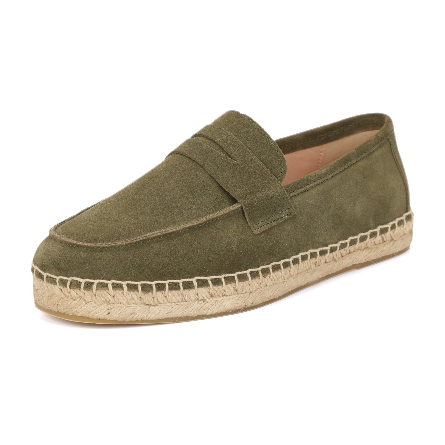 Men's suede loafer with cow leather insole in Dark Olive Green, side view