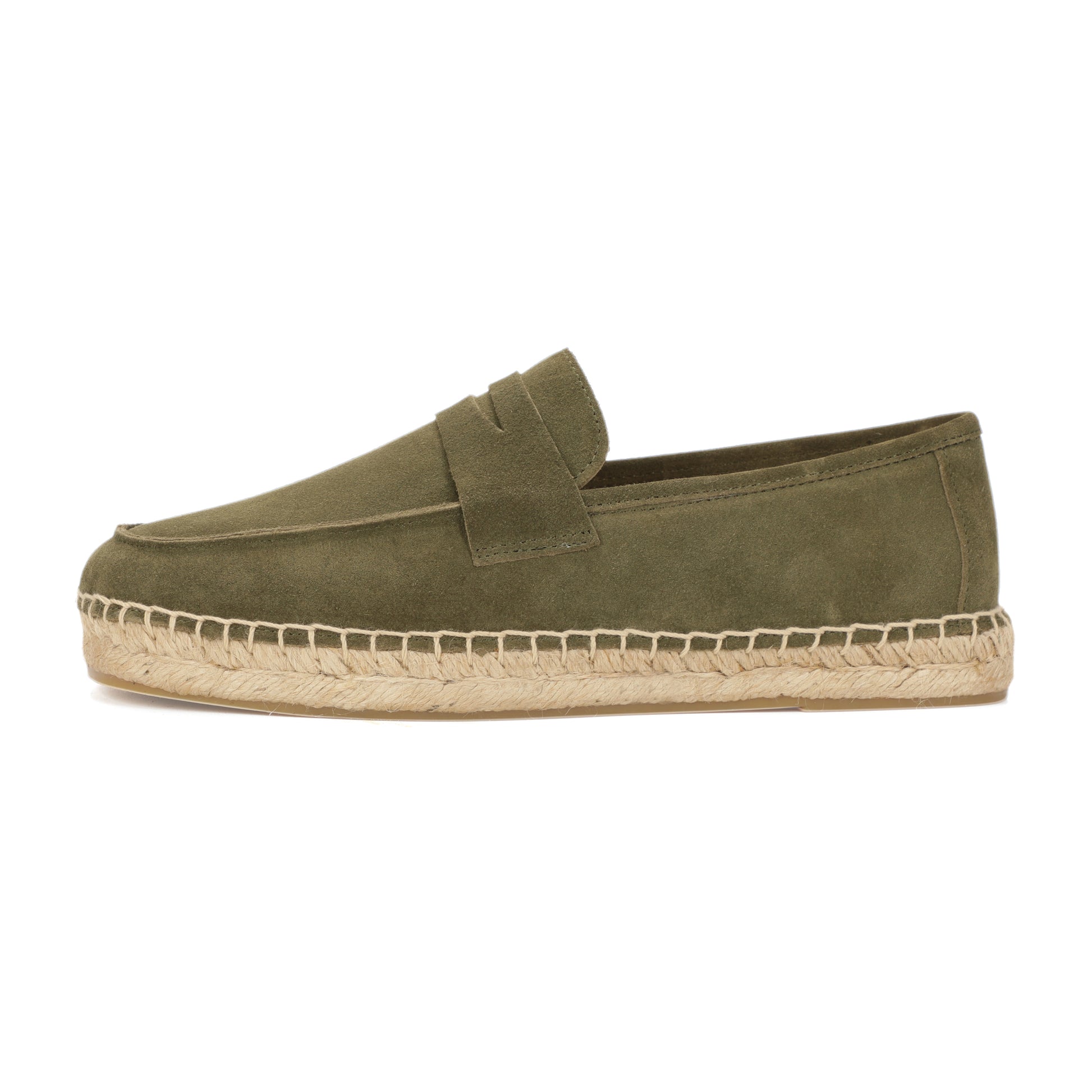 Men's suede loafer with cow leather insole in Dark Olive Green, angle view