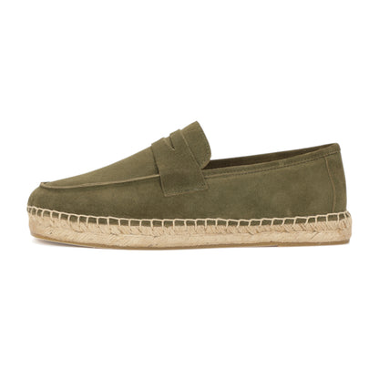 Men's suede loafer with cow leather insole in Dark Olive Green, angle view