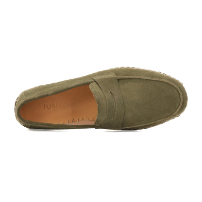 Men's suede loafer with cow leather insole in Dark Olive Green, pair view