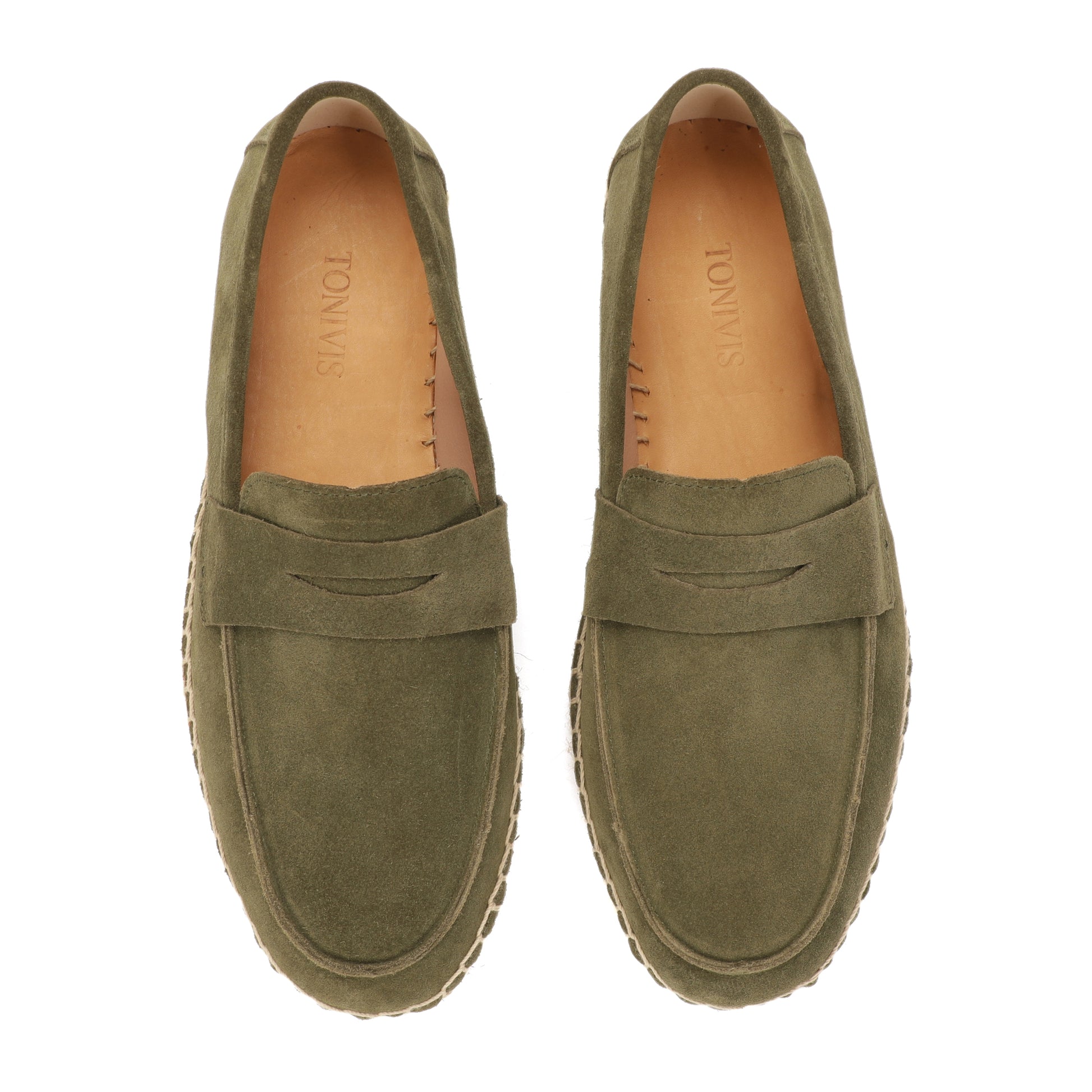 Men's suede loafer with cow leather insole in Dark Olive Green, interior detail
