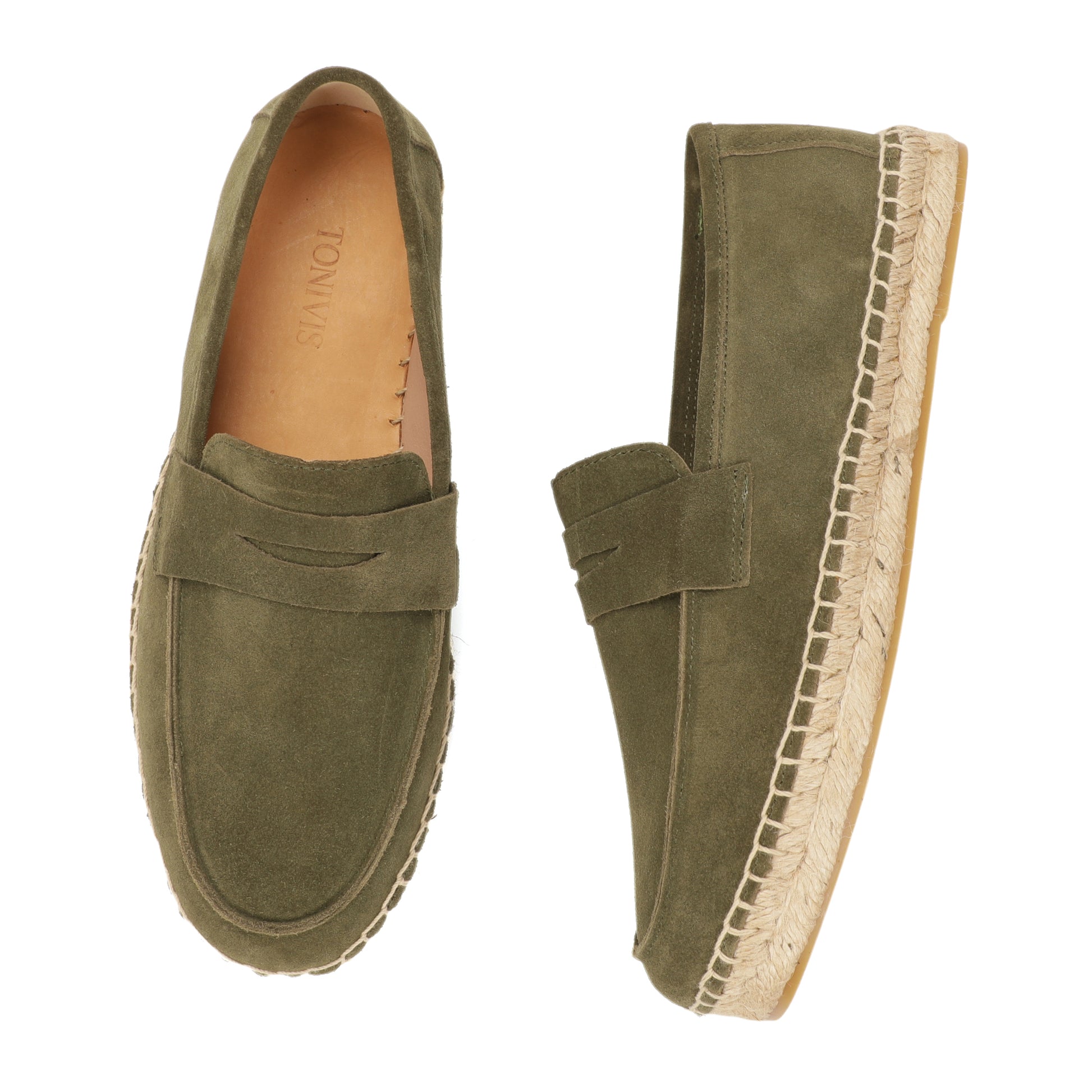 Men's suede loafer with cow leather insole in Dark Olive Green, outsole view