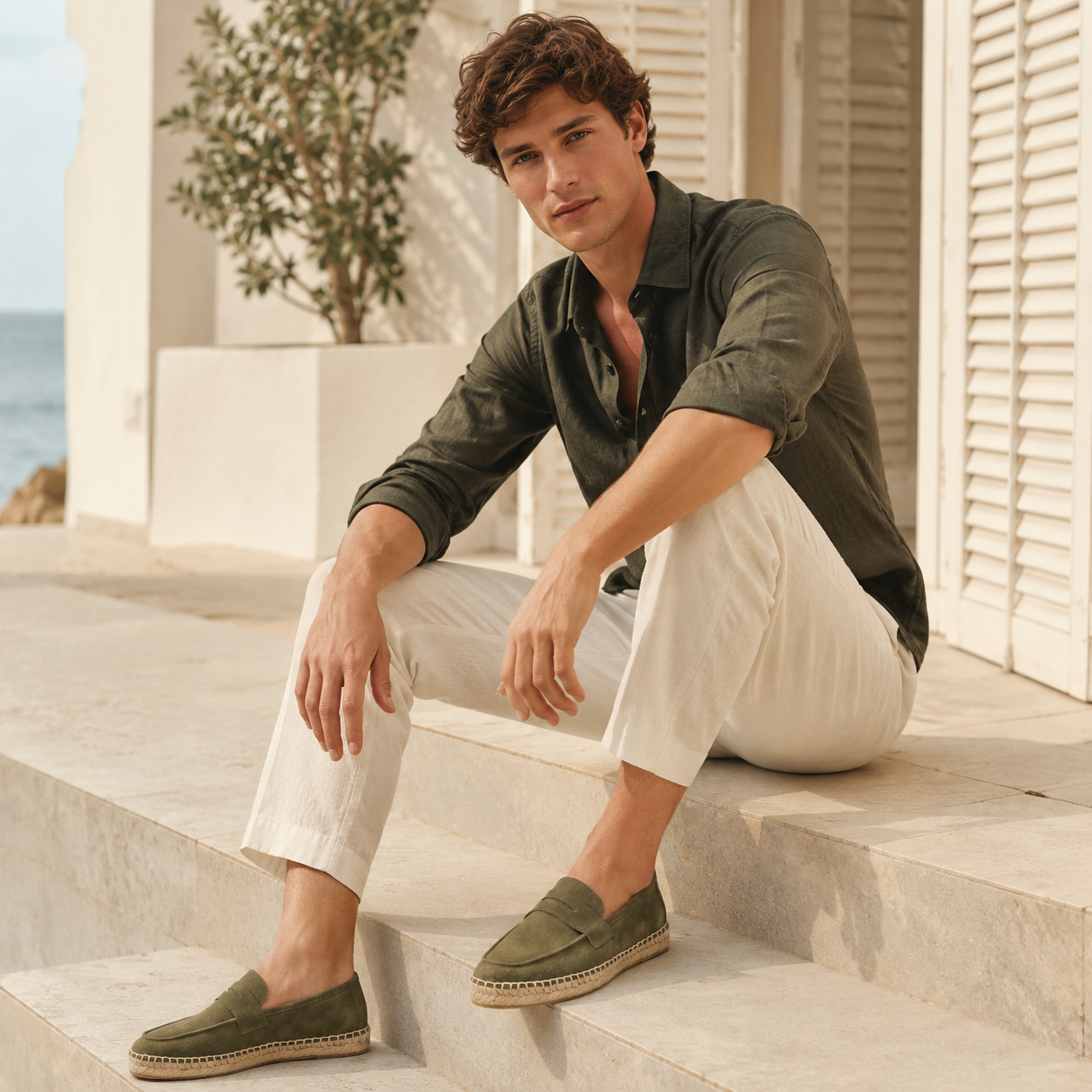 Model wearing men's suede loafers in Dark Olive Green