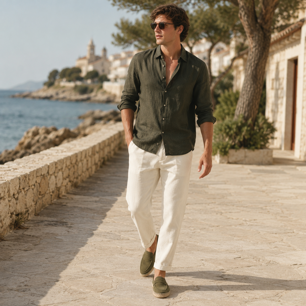 Men's Dark Olive Green suede loafers styled with summer outfit