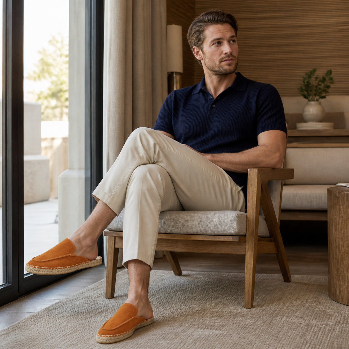 Men’s Cow Suede Minimalist Mule Espadrilles - Cognac Brown