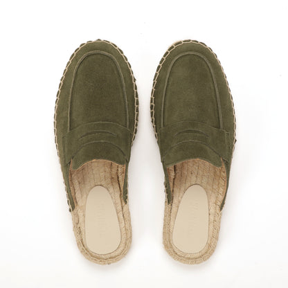 Men’s Cow Suede Penny Loafer Mule Espadrilles - Olive Green