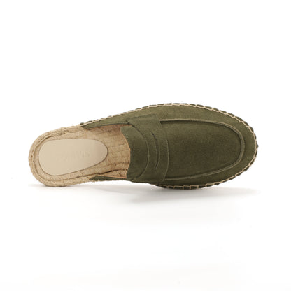 Men’s Cow Suede Penny Loafer Mule Espadrilles - Olive Green