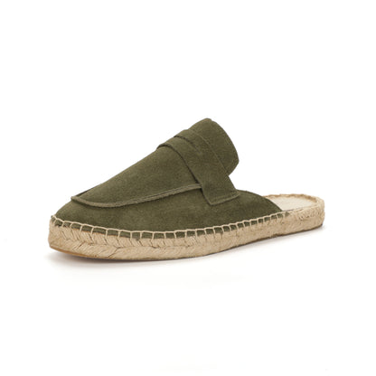 Men’s Cow Suede Penny Loafer Mule Espadrilles - Olive Green