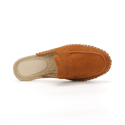 Men’s Cow Suede Penny Loafer Mule Espadrilles - Cognac Brown