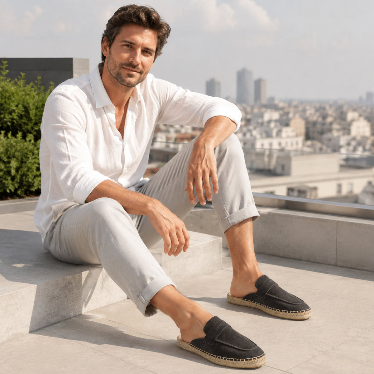 Men’s Comfort Cow Suede Penny Loafer Mule Espadrilles - Charcoal Gray