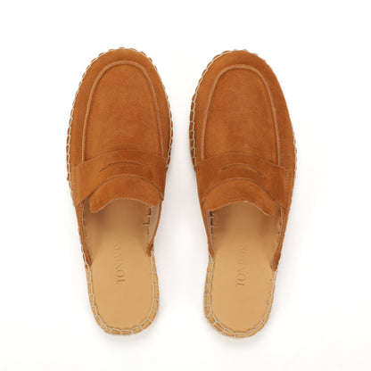 Men’s Comfort Cow Suede Penny Loafer Mule Espadrilles - Cognac Brown