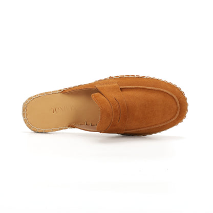 Men’s Comfort Cow Suede Penny Loafer Mule Espadrilles - Cognac Brown
