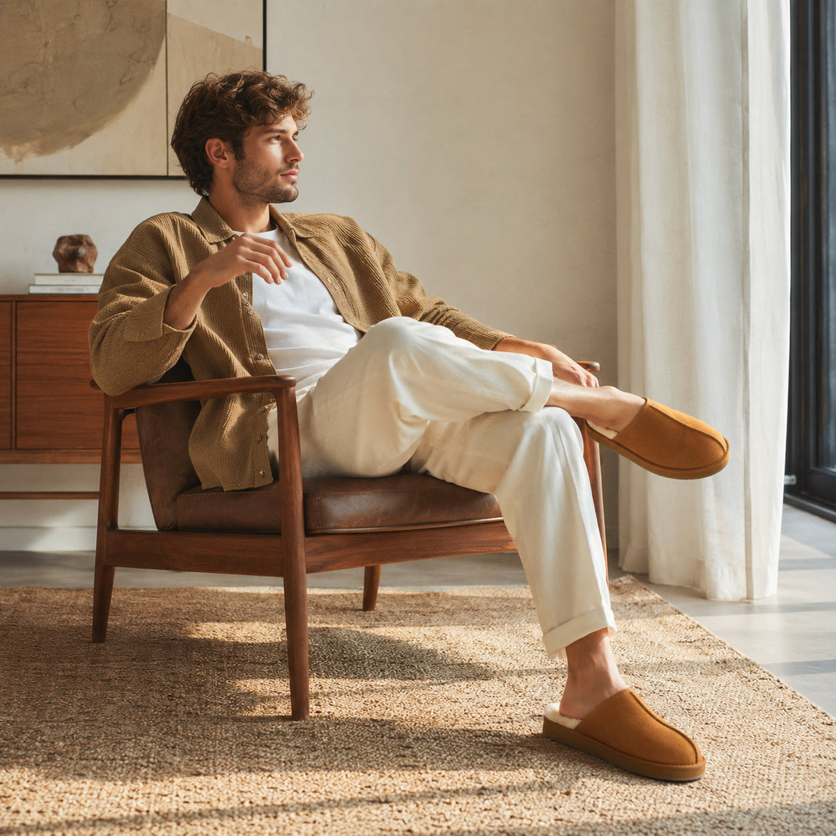 TONIVIS men's chestnut genuine leather slippers with 100% wool lining - view 7