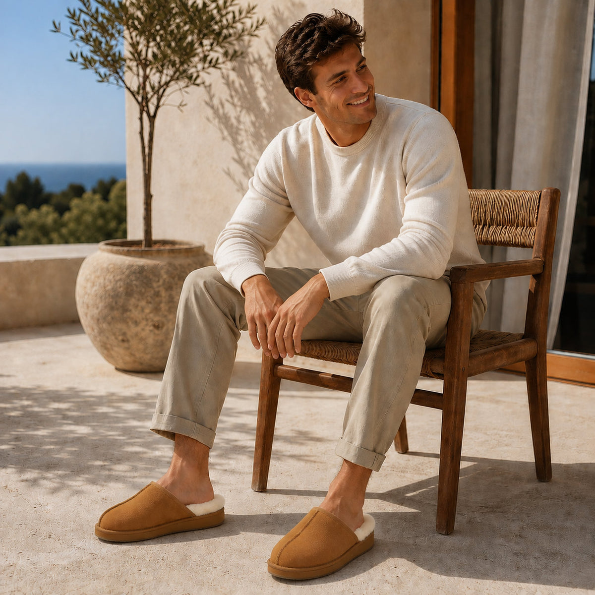 TONIVIS men's chestnut genuine leather slippers with 100% wool lining - view 9