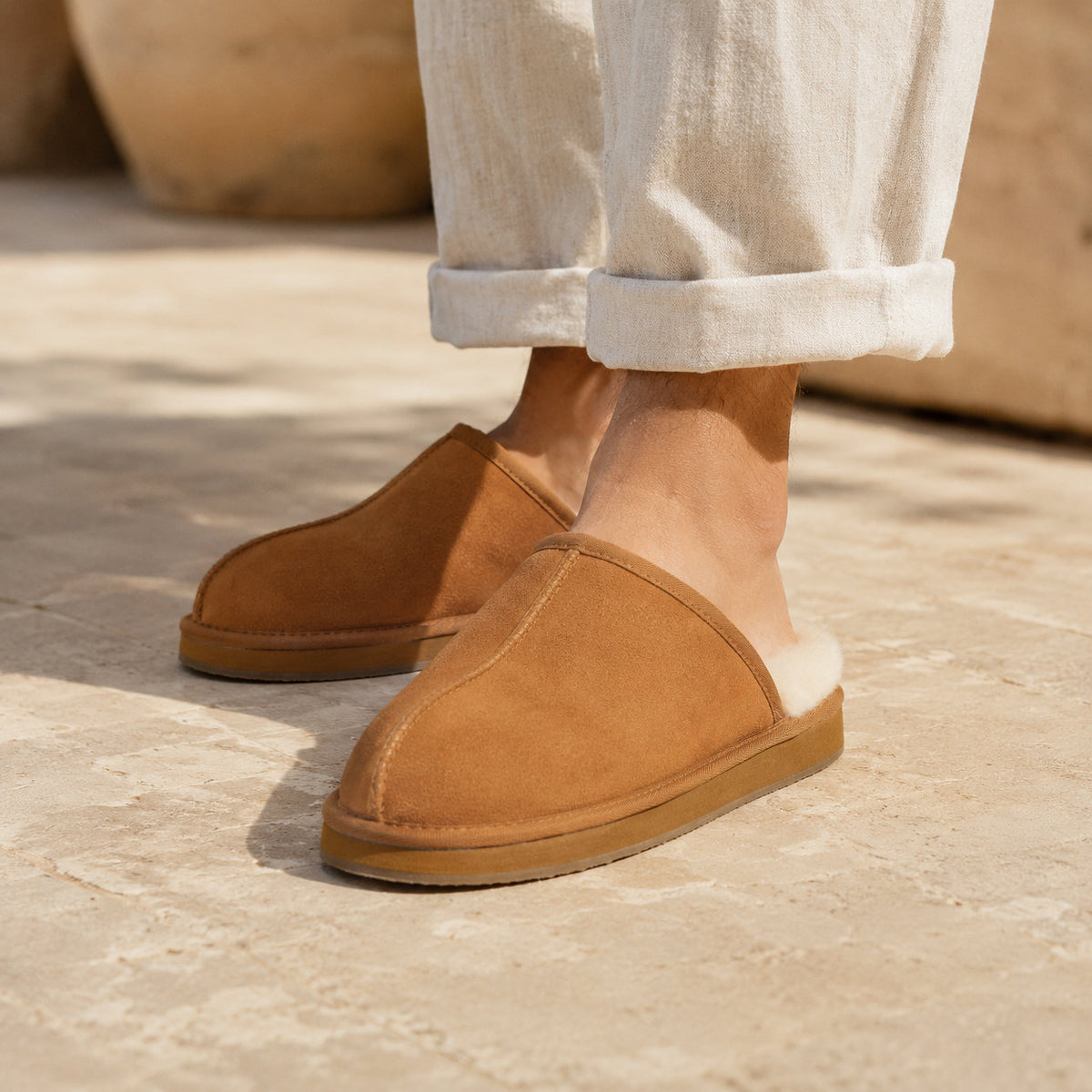TONIVIS men's chestnut genuine leather slippers with 100% wool lining - view 10