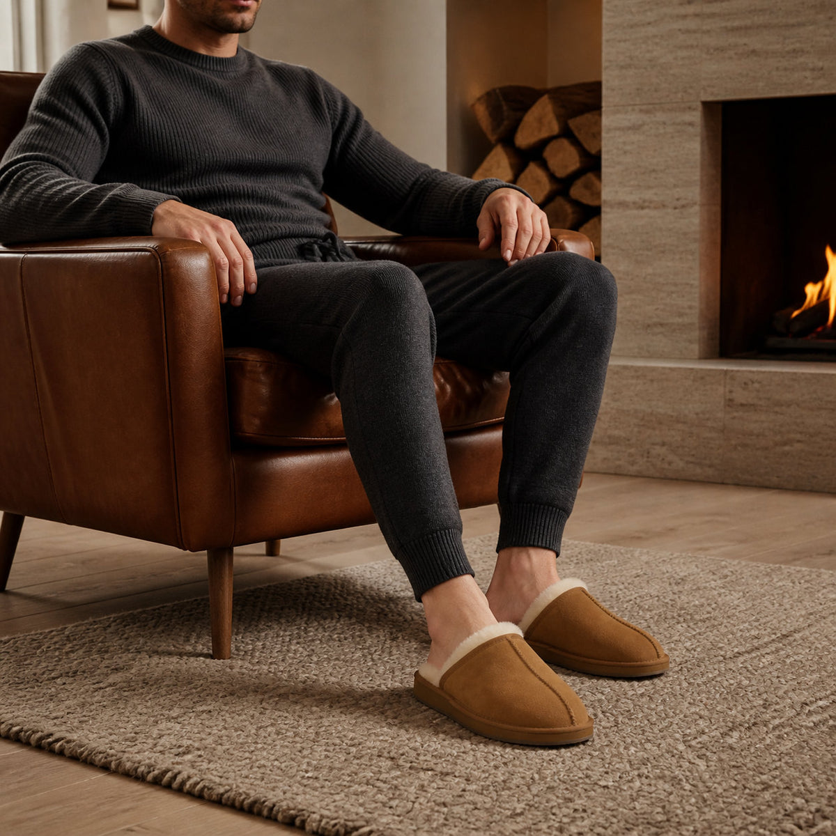 TONIVIS men's chestnut genuine leather slippers with 100% wool lining - view 11
