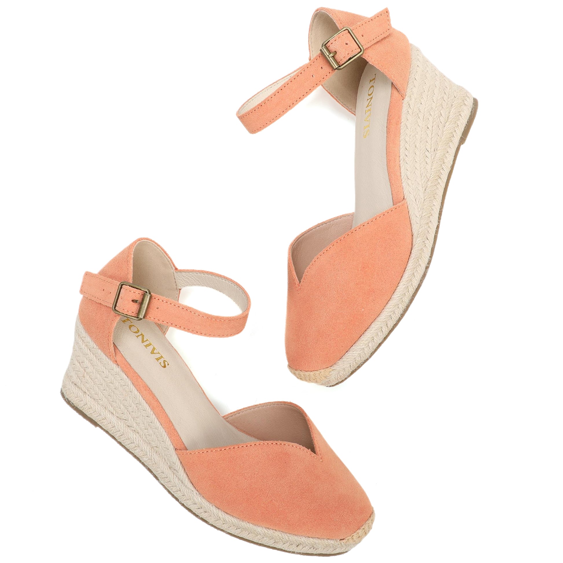 TONIVIS Coral Pink Suede Closed Toe Espadrille Wedge