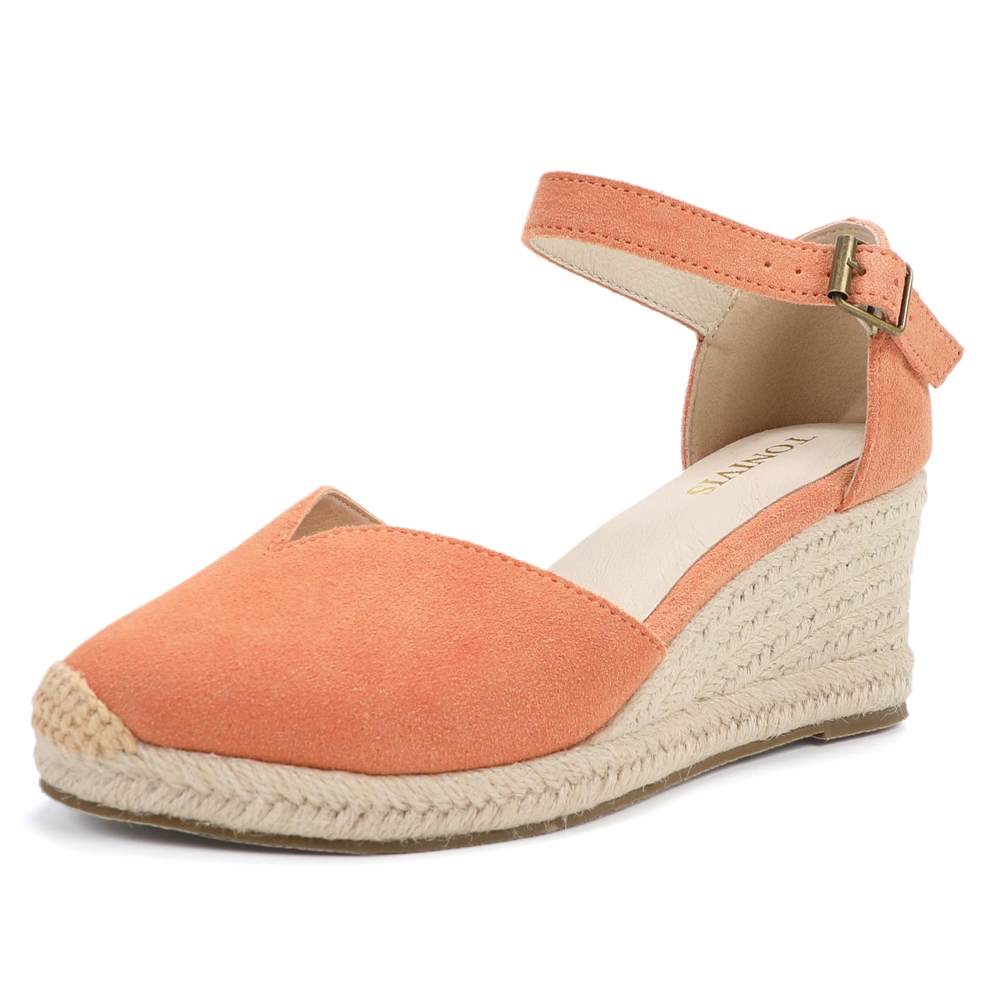TONIVIS Coral Pink Suede Closed Toe Espadrille Wedge