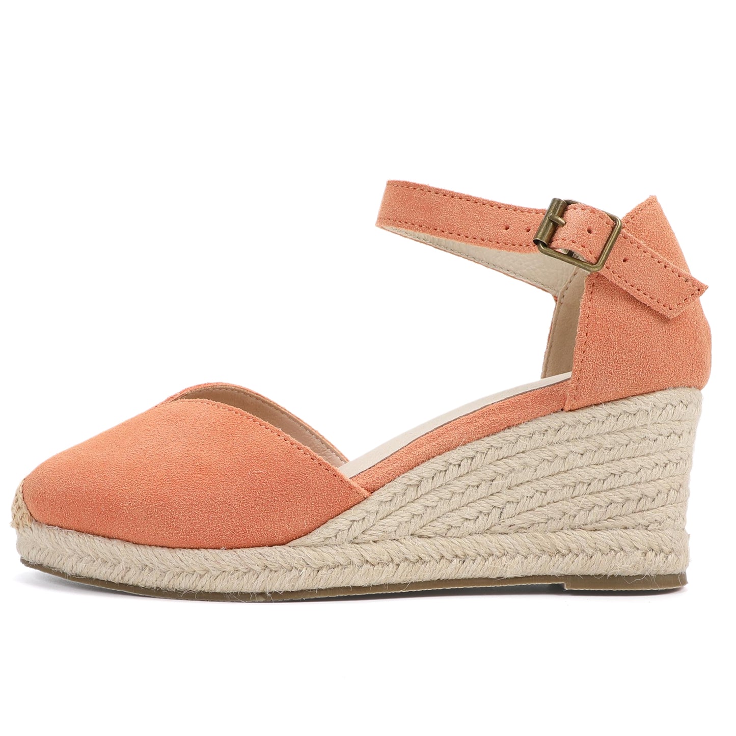 TONIVIS Coral Pink Suede Closed Toe Espadrille Wedge
