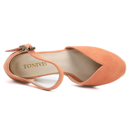 TONIVIS Coral Pink Suede Closed Toe Espadrille Wedge