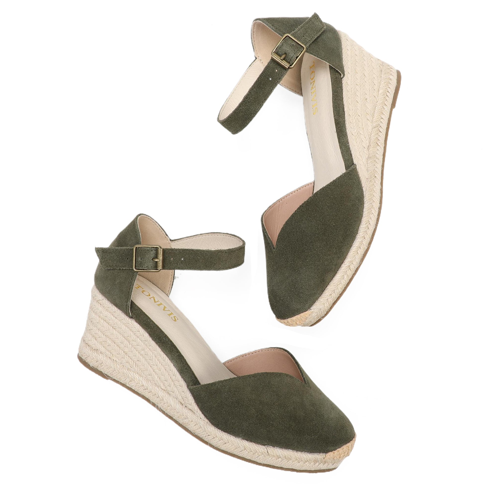 TONIVIS Olive Green Suede Closed Toe Espadrille Wedge
