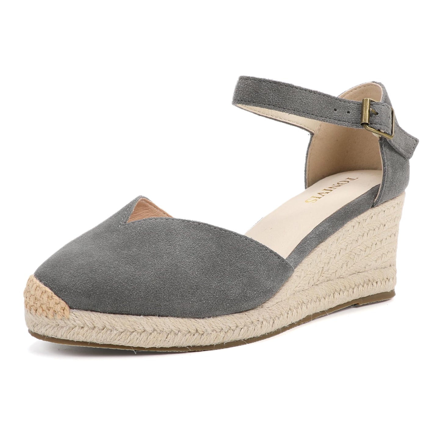 TONIVIS Grey Suede Closed Toe Espadrille Wedge