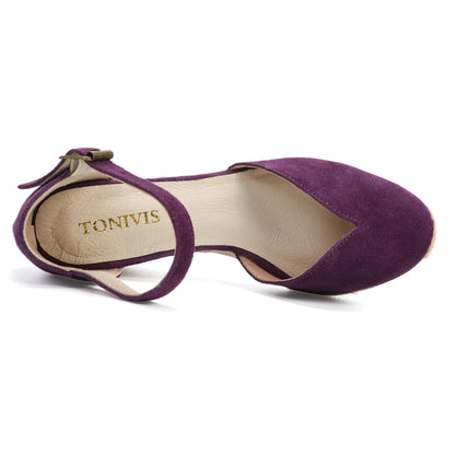 TONIVIS Plum Purple Suede Closed Toe Espadrille Wedge
