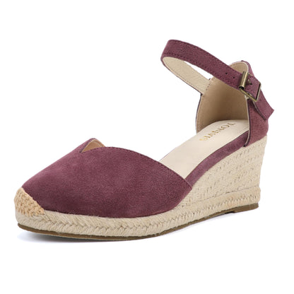 TONIVIS Burgundy Suede Closed Toe Espadrille Wedge