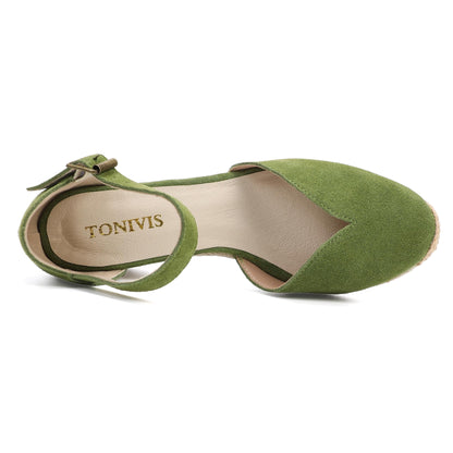 TONIVIS Sage Green Suede Closed Toe Espadrille Wedge