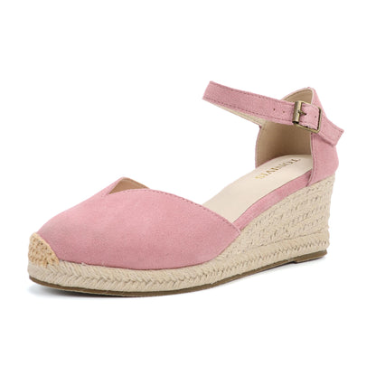 TONIVIS Blush Pink Suede Closed Toe Espadrille Wedge