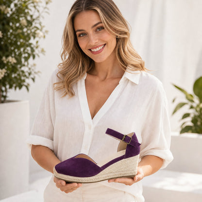 TONIVIS Plum Purple Suede Closed Toe Espadrille Wedge
